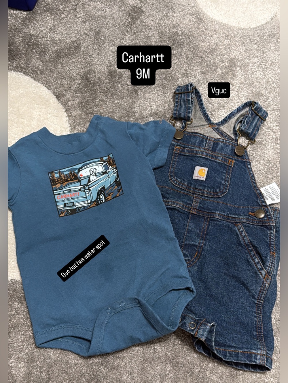 Carhartt Blue Graphic Bodysuit with Denim Overalls Set
